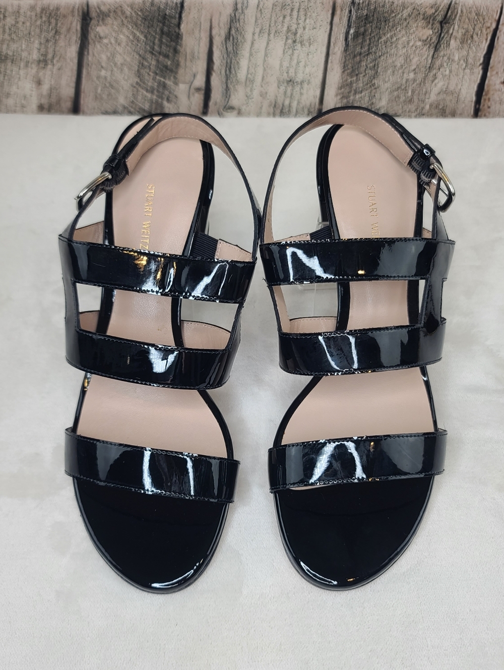 Stuart Weitzman Barrio Patent Leather Strappy Slingback Block Heel Sandals Black